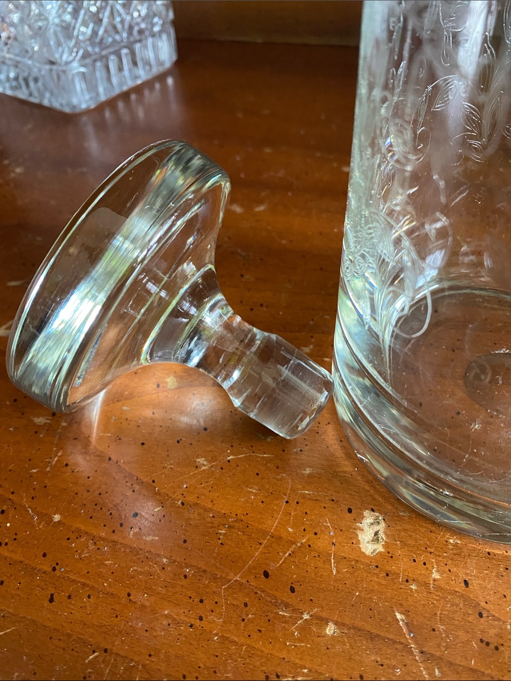 Mid-Century Hand-Blown Etched Glass Decanter with Flat-Top Disc Stopper